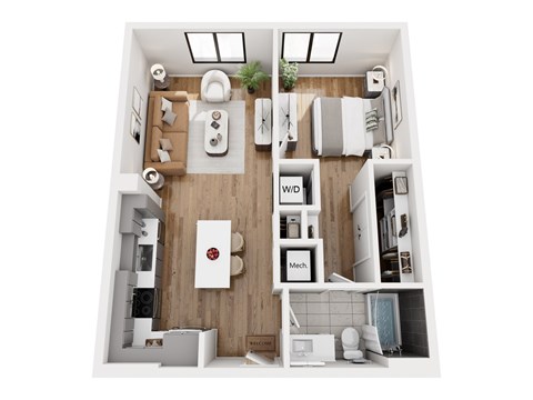 Floor plan for 1 bed, 1 bath, 712 sqft